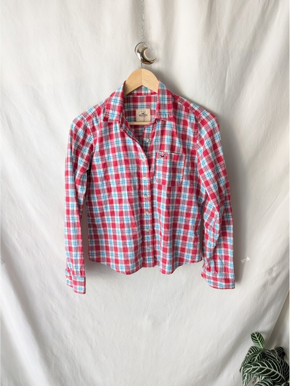 Hollister Pink Blue Plaid Button Front Shirt Size M